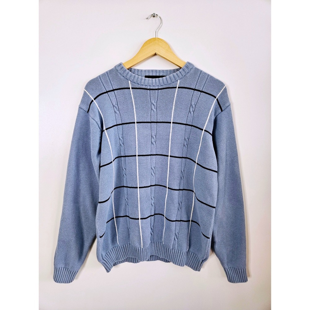 Bill Blass Men's XL‎ Sweater Light Blue Cable Knit Striped Cotton Vintage Prep